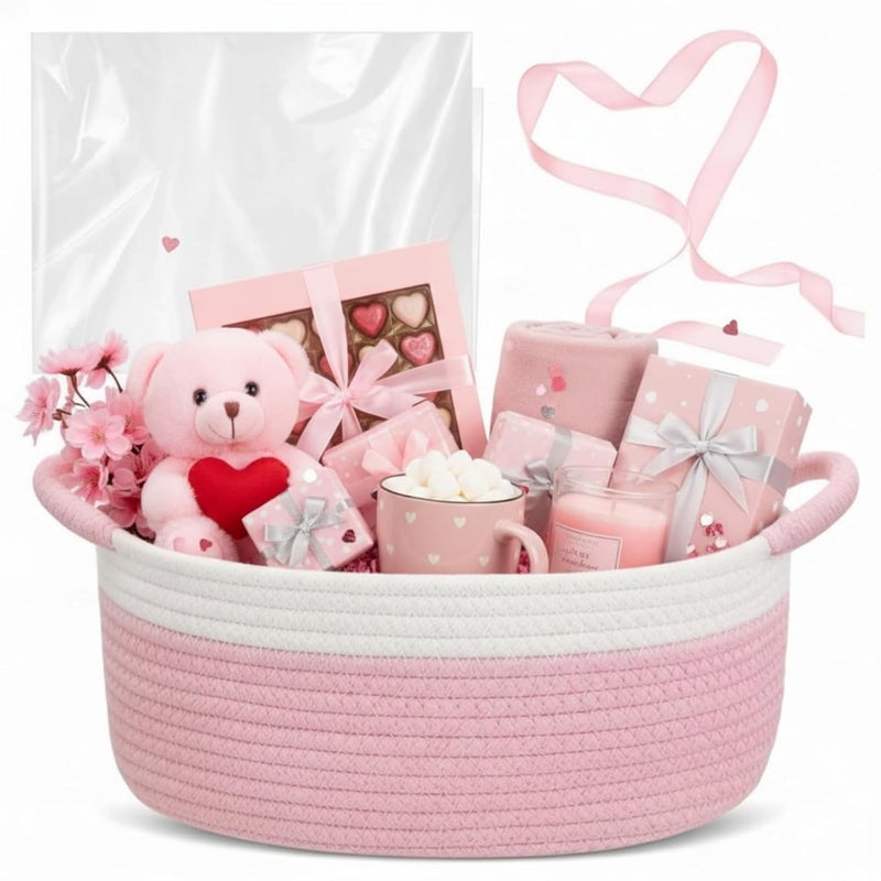 Colingmill Valentine's Day Woven Gift Basket with Gift Bags and Ribbons 12"x8"x5" Empty Cotton Rope Storage Basket for Birthdays, Baby Showers, Wedding DIY Presents(Pink) - Image 1